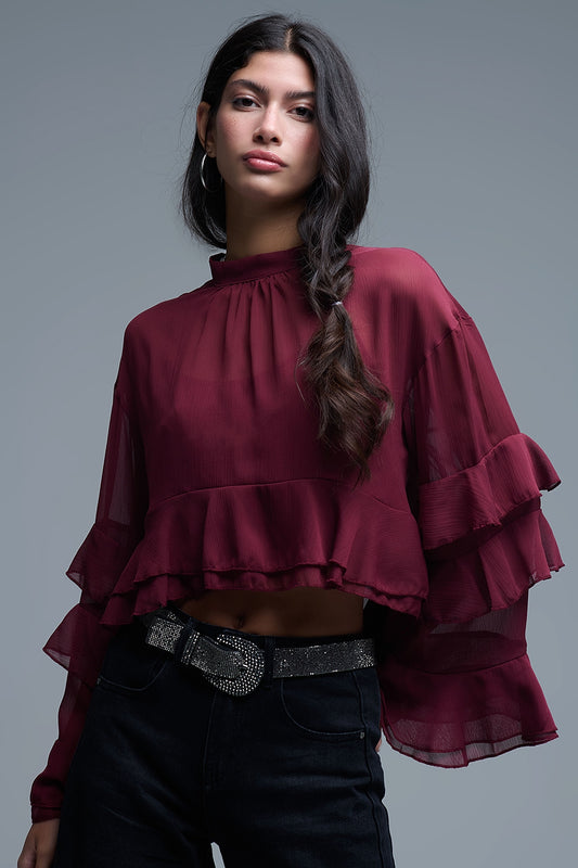 Sheer Cape-style Burgundy Blouse in chiffon With Ruffles