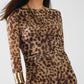 sheer long sleeve leopard print bodycon midi dress