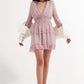 shirred mini skater long sleeve dress in pink floral