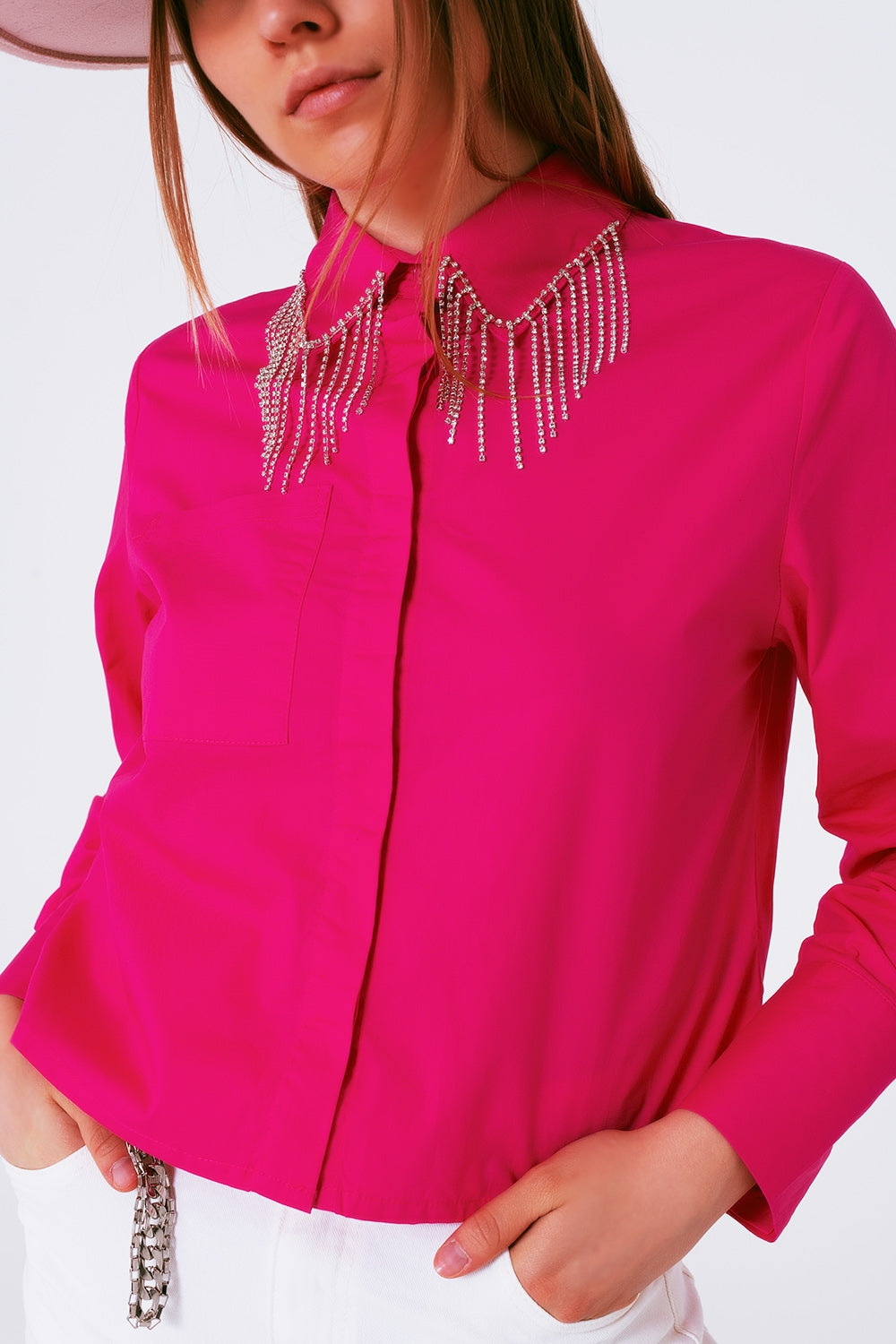 Camisa Cuello Flecos Strass Fuxia