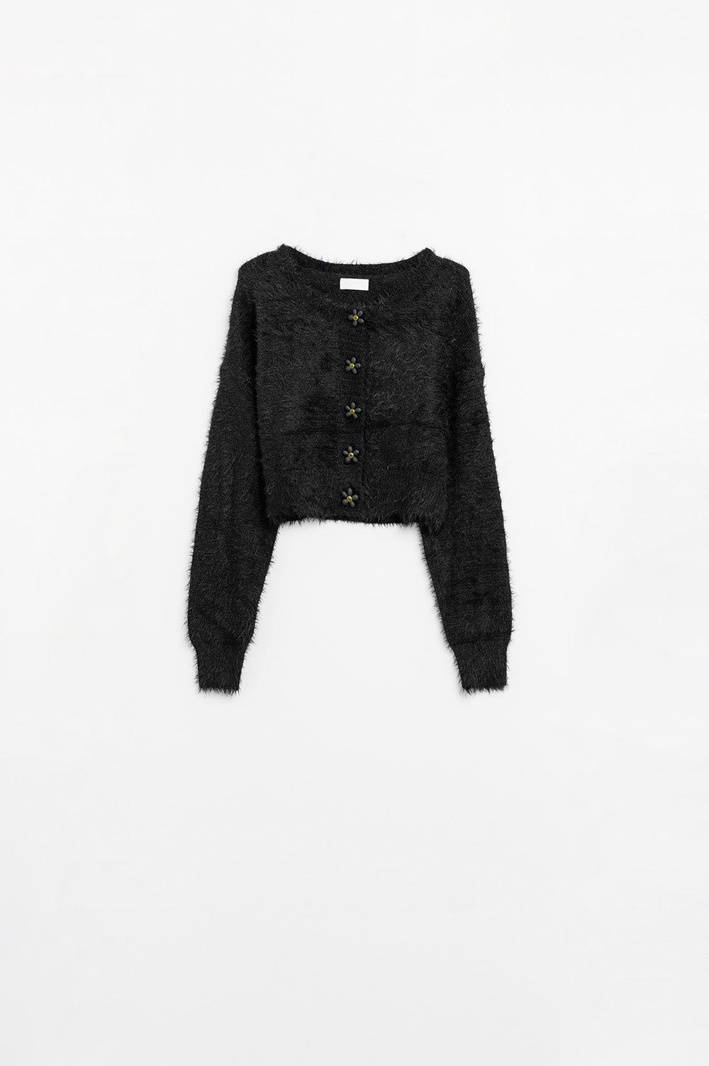 Q2 Short and fluffy black cardigan with flower buttons