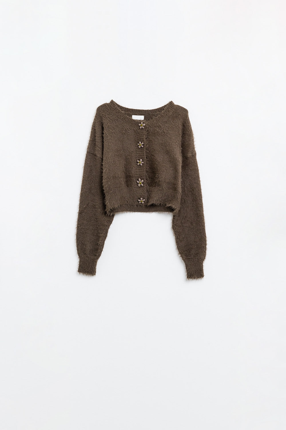 Short and fluffy brown cardigan with flower buttons