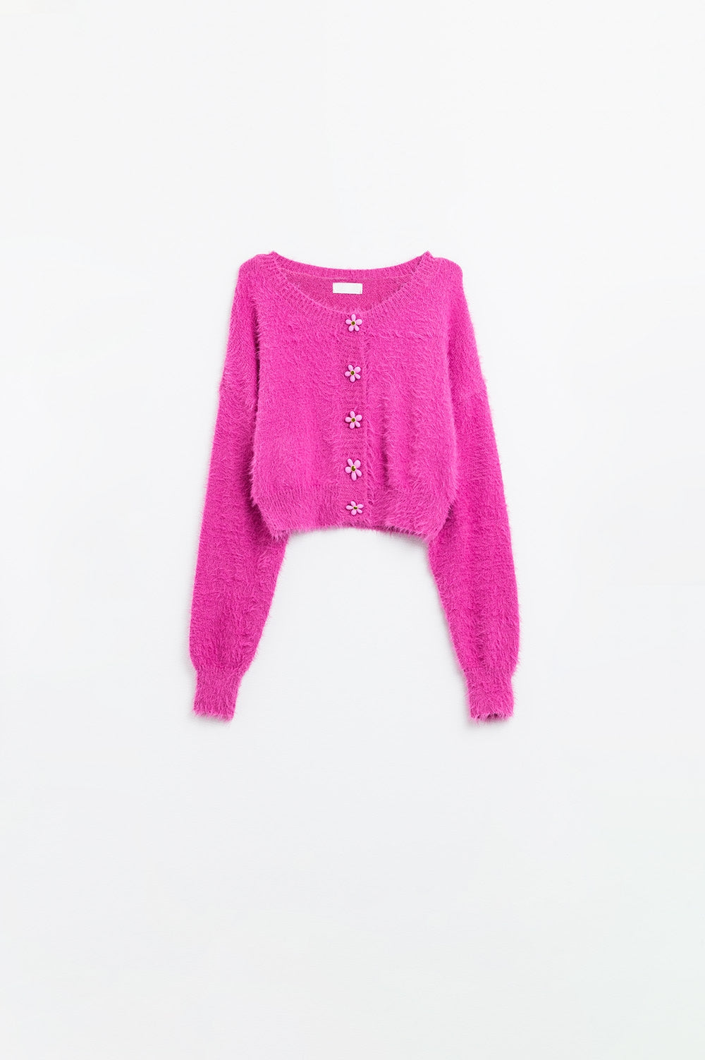 Q2 Short and fluffy pink cardigan with flower buttons