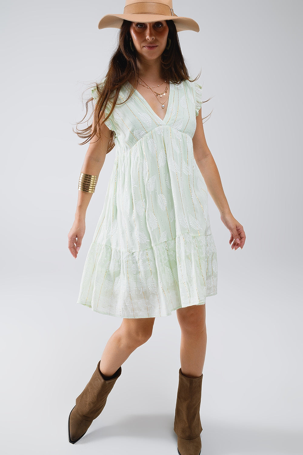 Q2 Short Babydoll Dress With Leaf Print And Lurex Thread in Mint