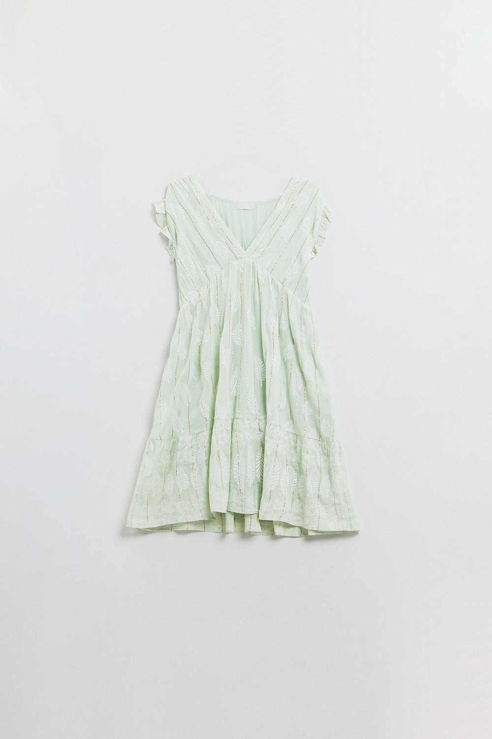 Short Babydoll Dress With Leaf Print And Lurex Thread in Mint