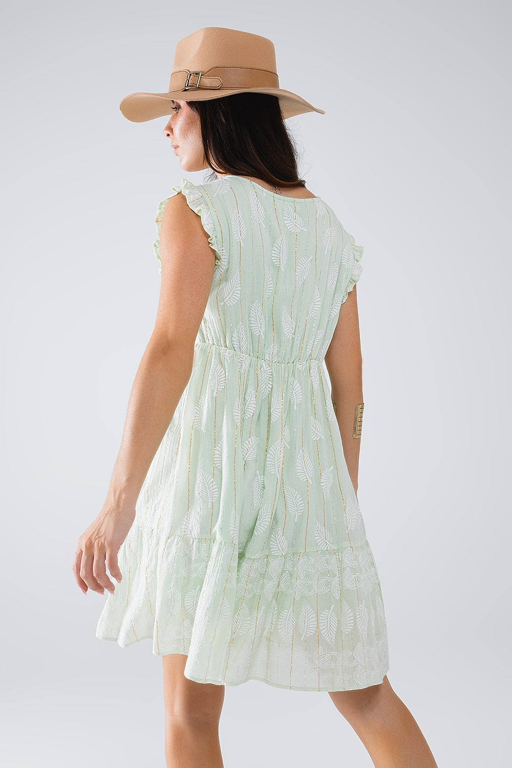 Short Babydoll Dress With Leaf Print And Lurex Thread in Mint