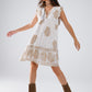 Q2 Short Babydoll Dress With Leaf Print And Lurex Thread in  White