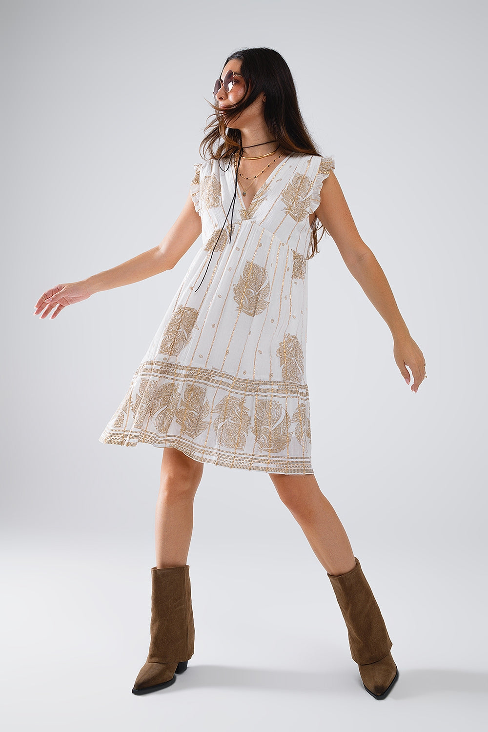 Q2 Short Babydoll Dress With Leaf Print And Lurex Thread in  White