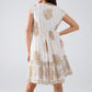 Short Babydoll Dress With Leaf Print And Lurex Thread in  White