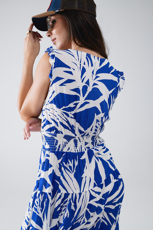 Vestido corto azul con estampado de palmeras tropicales