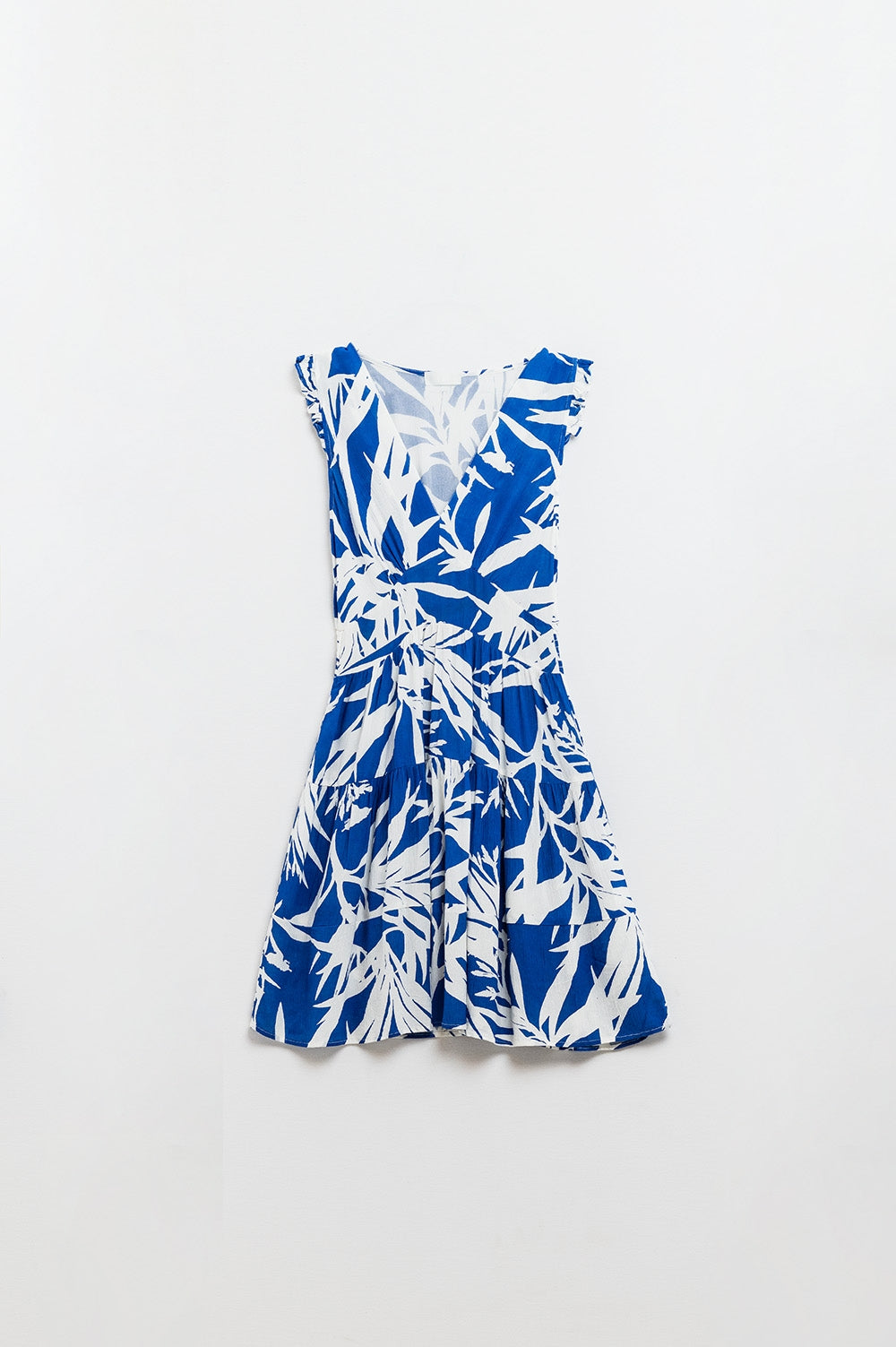 Short Blue Dress With Tropical Palm Print