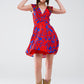 Q2 Short Dress In Red With Blue Floral Print And V-neck