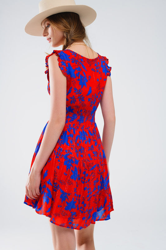 Vestido Corto En Rojo Con Estampado Floral Azul Y Escote En V