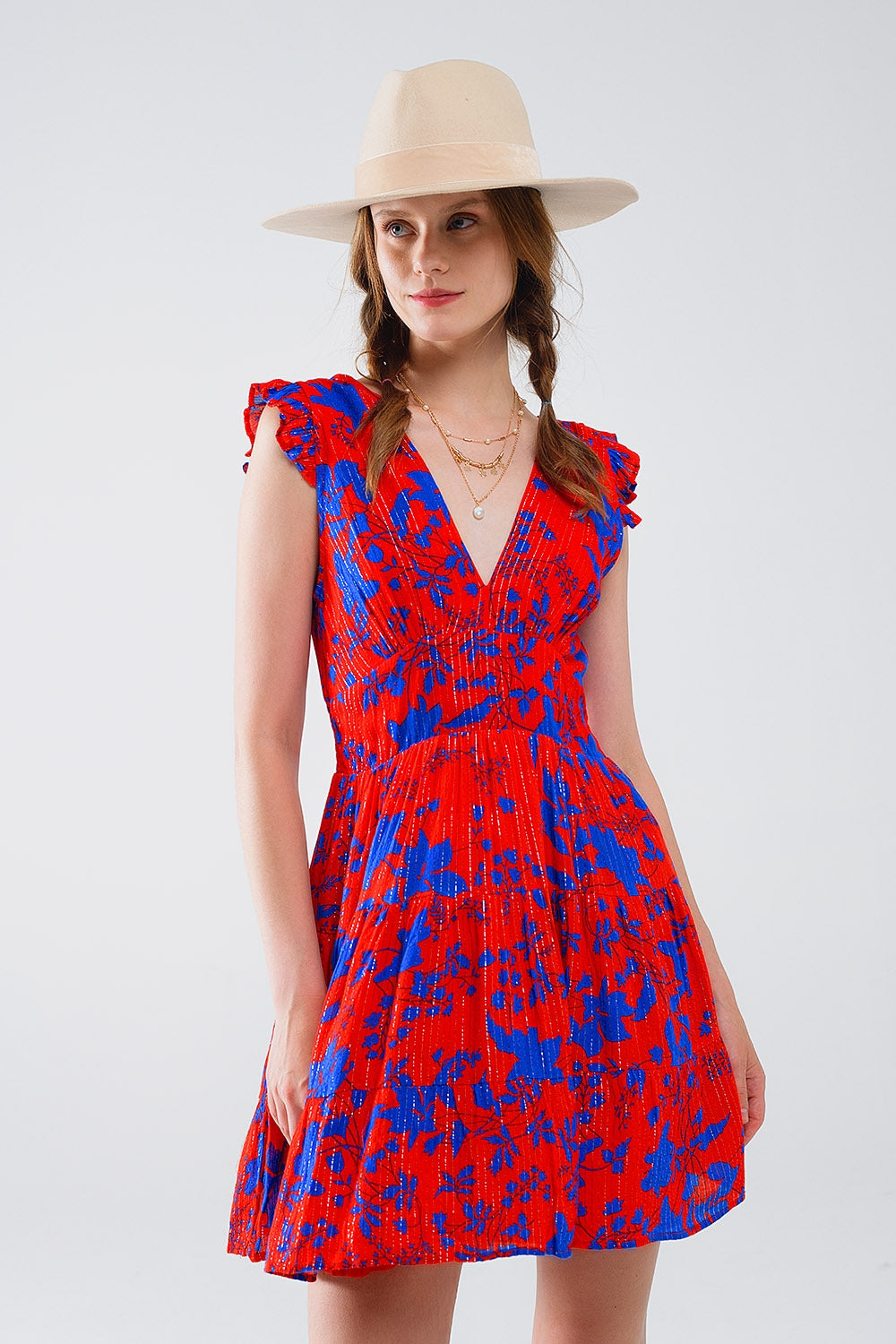 Short Dress In Red With Blue Floral Print And V-neck