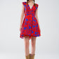 Short Dress In Red With Blue Floral Print And V-neck