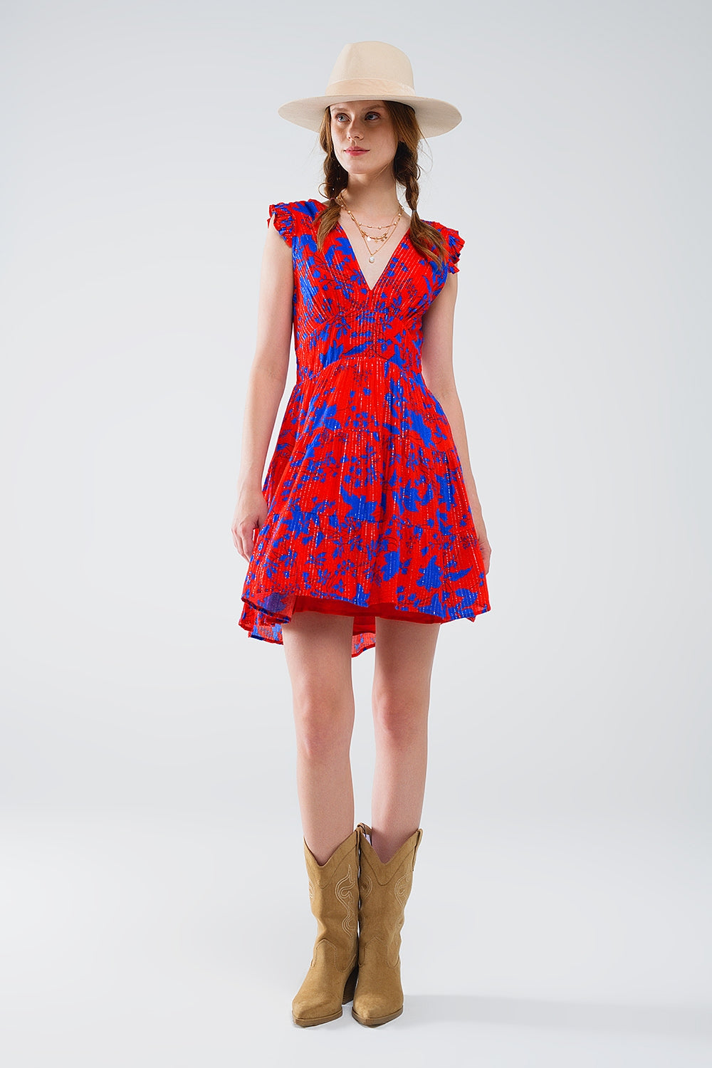 Short Dress In Red With Blue Floral Print And V-neck