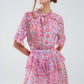 Short Dress With Abstract Print And Ruffled Skirt in Shades of Pink