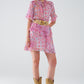 Short Dress With Abstract Print And Ruffled Skirt in Shades of Pink