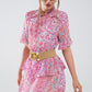 Short Dress With Abstract Print And Ruffled Skirt in Shades of Pink