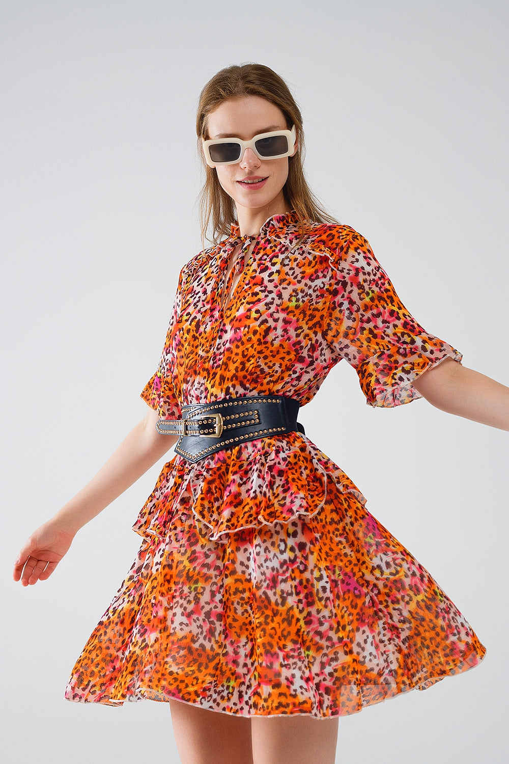 Short Dress with Animal Print in Orange and White