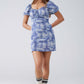 Q2 Short Dress With Puff Sleeves In Abstract Blue and White Print