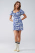 Q2 Short Dress With Puff Sleeves In Abstract Blue and White Print