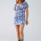 Short Dress With Puff Sleeves In Abstract Blue and White Print