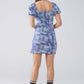 Short Dress With Puff Sleeves In Abstract Blue and White Print