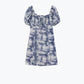 Short Dress With Puff Sleeves In Abstract Blue and White Print