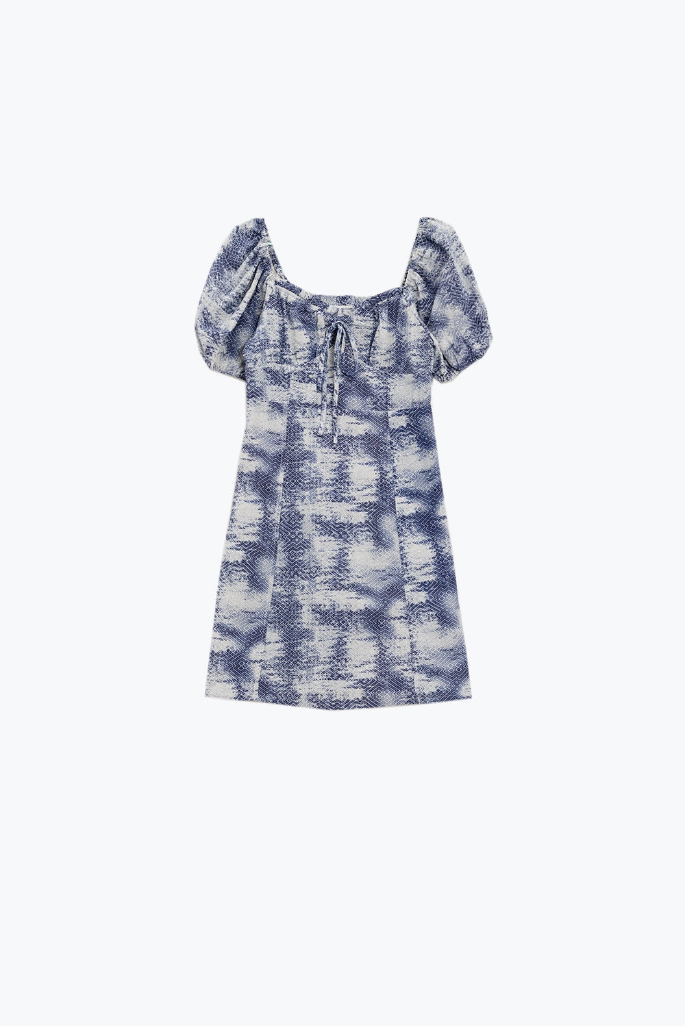 Short Dress With Puff Sleeves In Abstract Blue and White Print