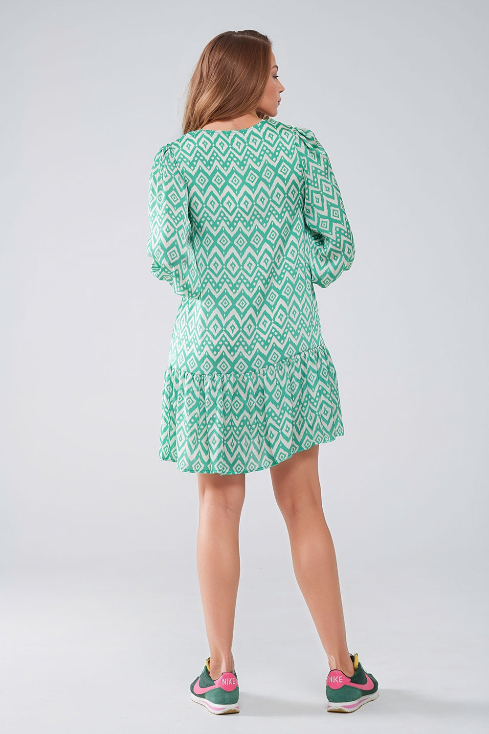 Short Dress With Tie At The Front Details in Ethnic Green Print