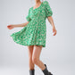 Q2 short floral print dress with gathered back in green