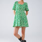 short floral print dress with gathered back in green