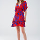 Q2 Short Flowy Dress In Red With Blue Floral Print