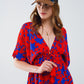 Short Flowy Dress In Red With Blue Floral Print