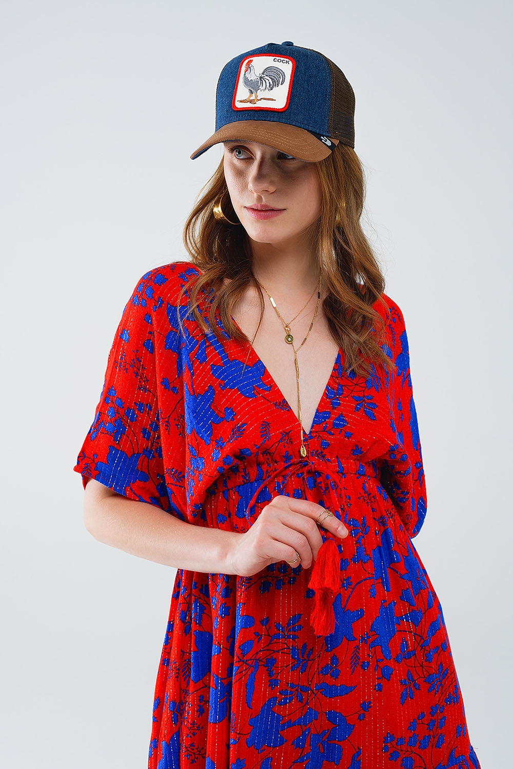 Short Flowy Dress In Red With Blue Floral Print