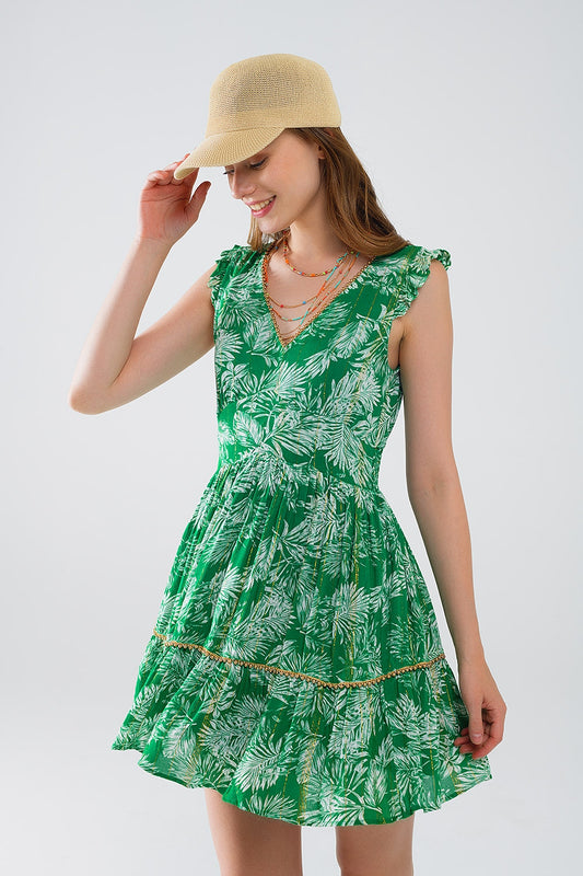 Vestido corto verde bohemio con estampado de flores y detalle de lurex