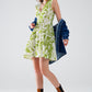 Q2 short green dress with tropical palm print