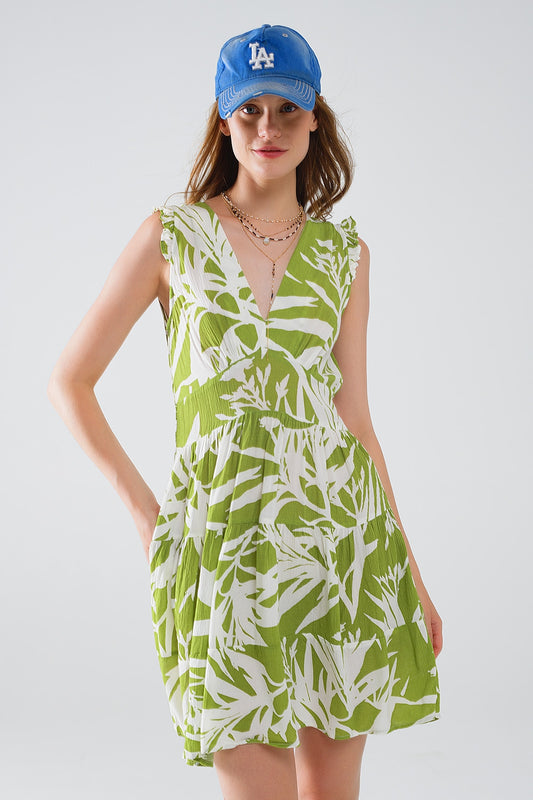 Vestido corto verde con estampado de palmeras tropicales