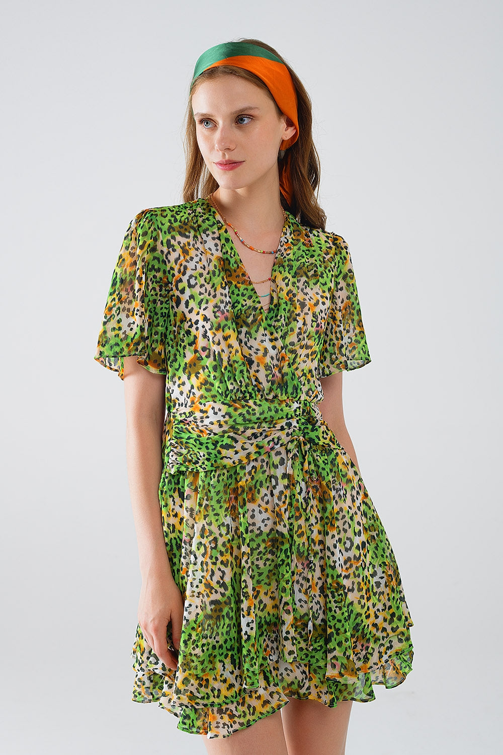 Short Green Multicolored Dress With Crossed Top with Animal Print