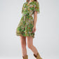 Short Green Multicolored Dress With Crossed Top with Animal Print