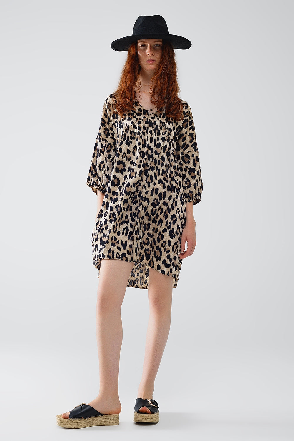 Q2 Short Leopard Print Babydoll V-Neck Dress With 3/4 Sleeves