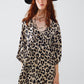 Short Leopard Print Babydoll V-Neck Dress With 3/4 Sleeves