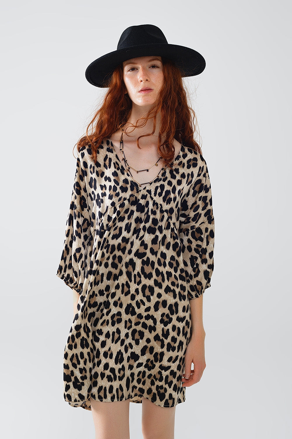 Short Leopard Print Babydoll V-Neck Dress With 3/4 Sleeves