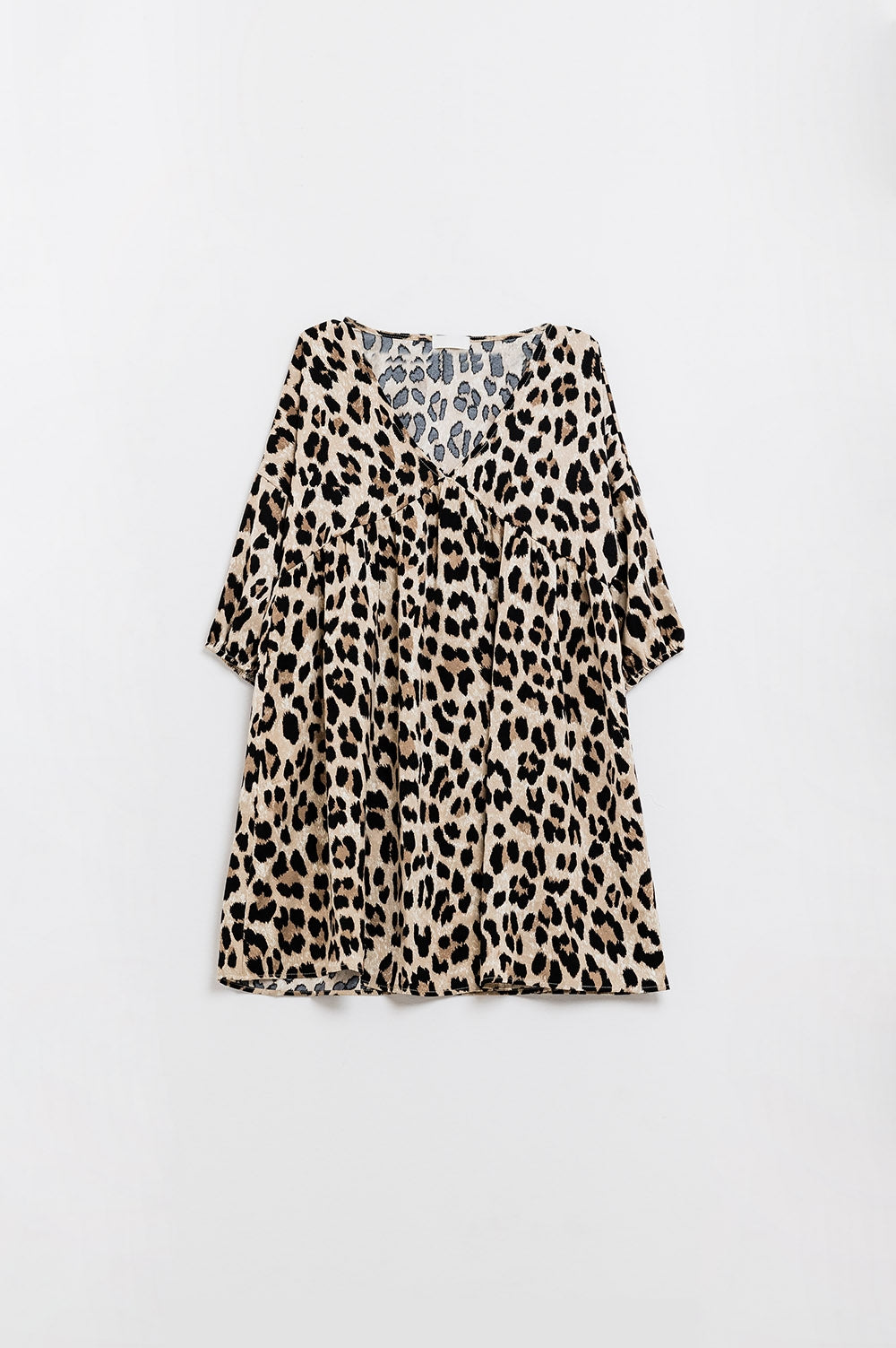 Short Leopard Print Babydoll V-Neck Dress With 3/4 Sleeves