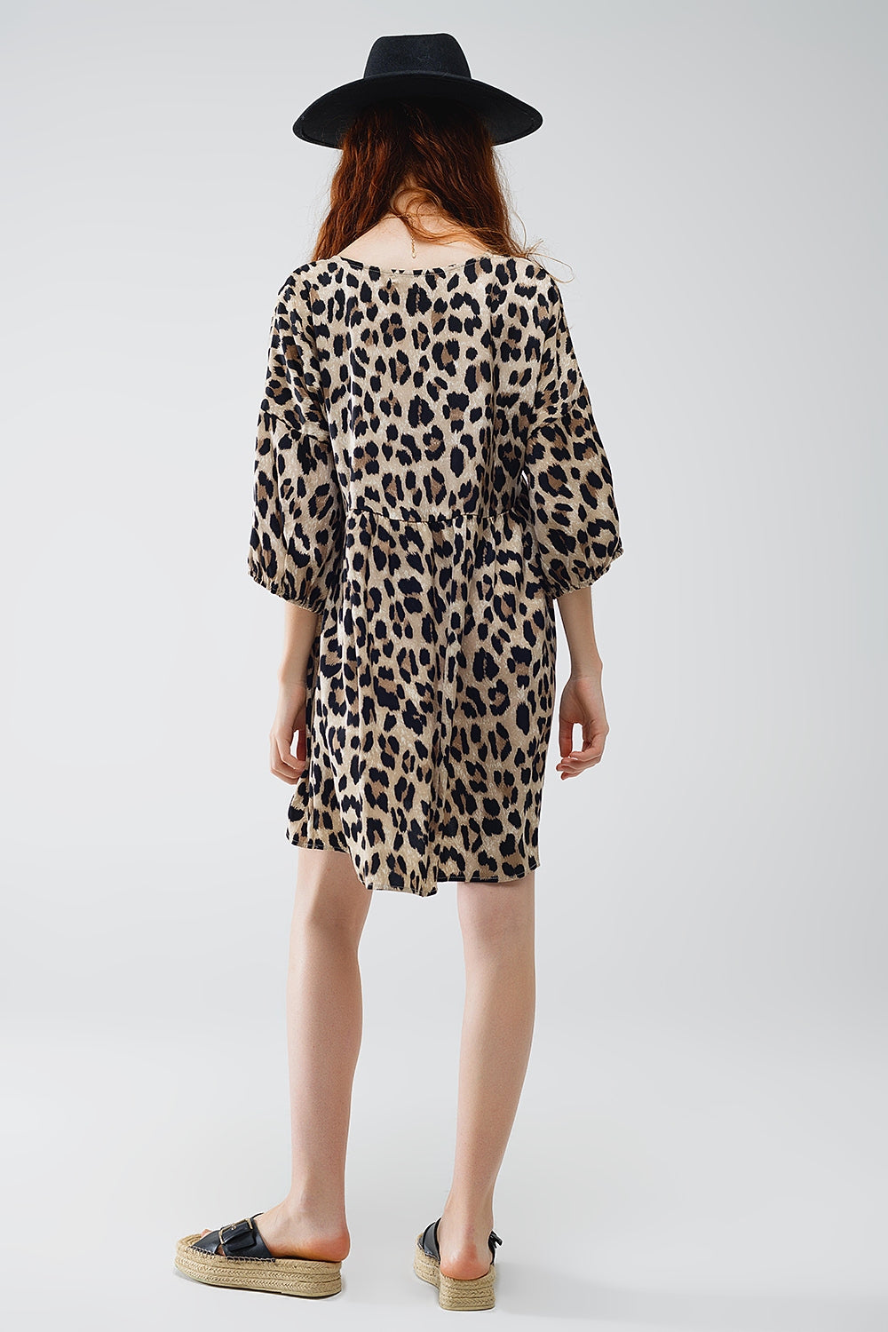 Short Leopard Print Babydoll V-Neck Dress With 3/4 Sleeves