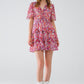 Q2 Short Multicolor chiffon Dress with Floral print and Ruched Design