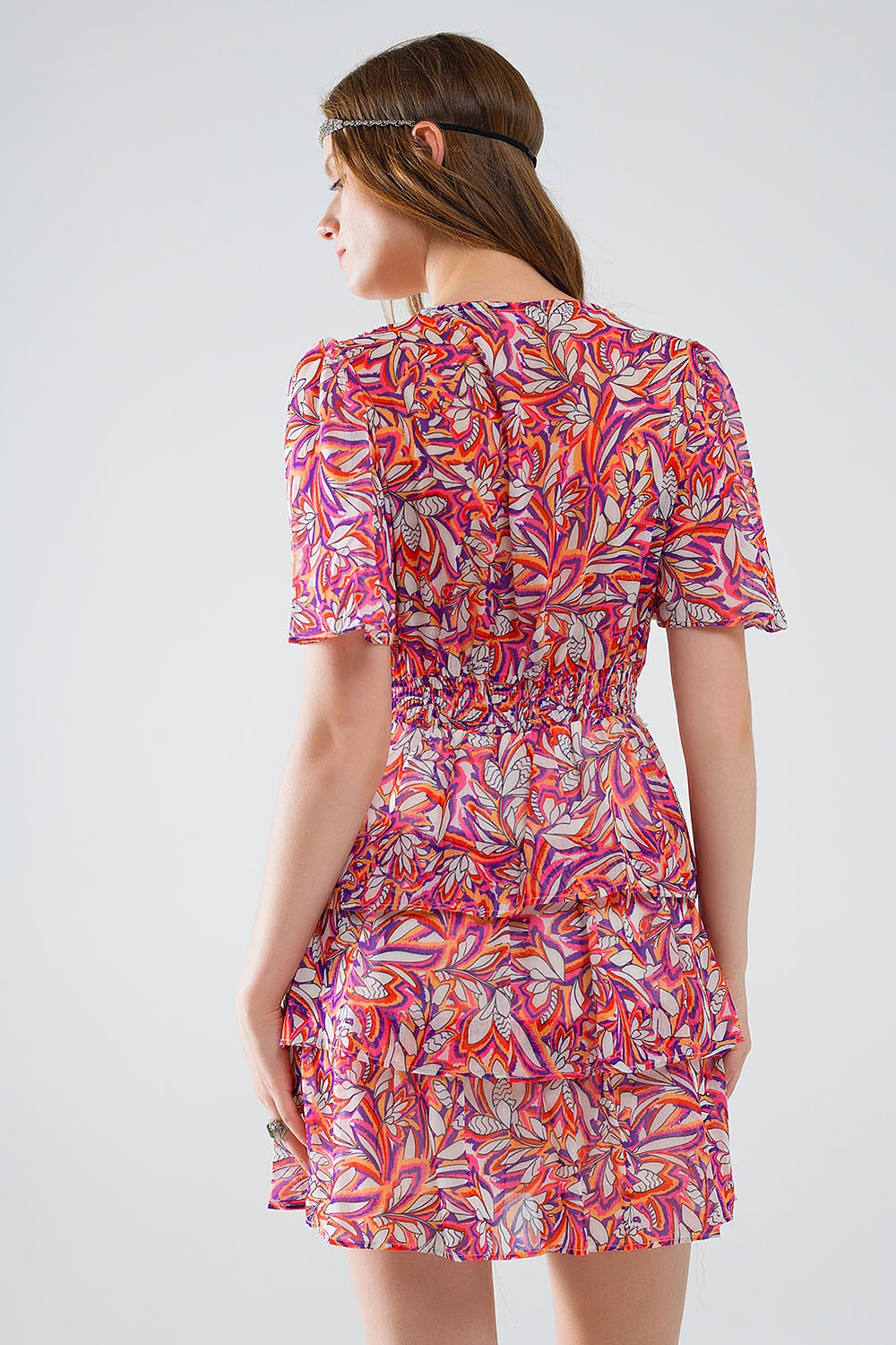 Short Multicolor chiffon Dress with Floral print and Ruched Design