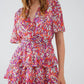 Short Multicolor chiffon Dress with Floral print and Ruched Design