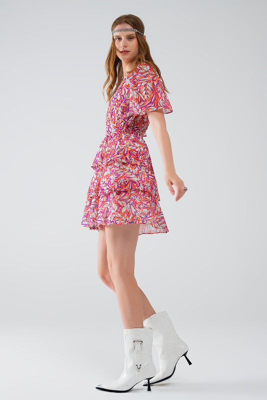 Vestido corto de gasa multicolor con estampado floral y diseño fruncido